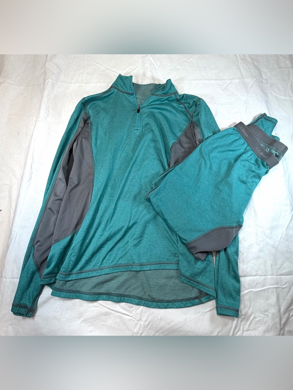 L.L. Bean Teal/Grey Performance Base Layers 2 piece top and leggings.